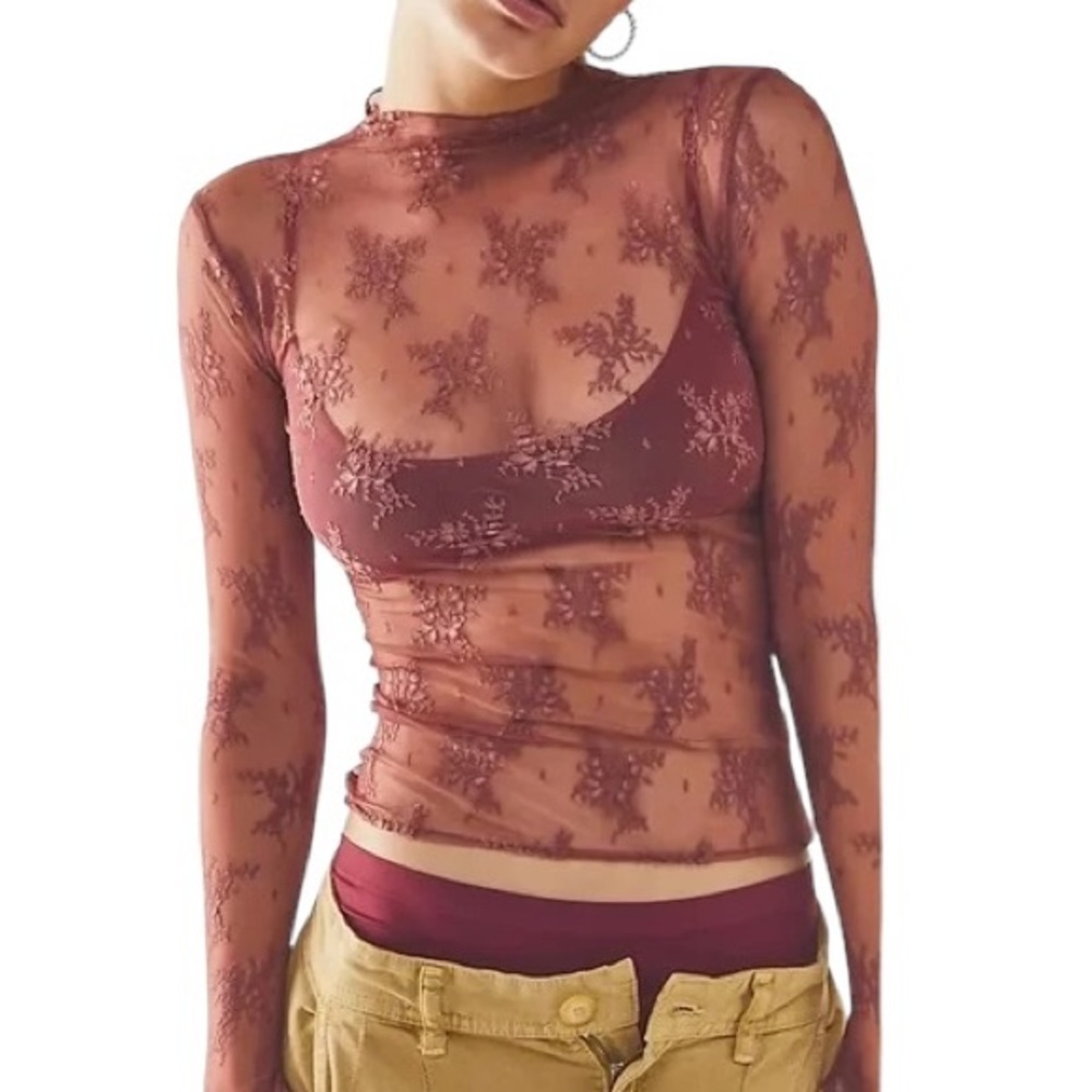 Free People Sheer Floral Long Sleeve Top in Dusty Rose